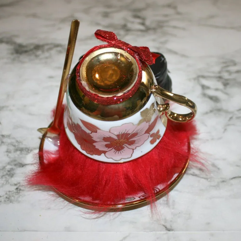 HAND CRAFTED Gnome Tea Cup and Saucer Set Floral Metallic Home Decor Red